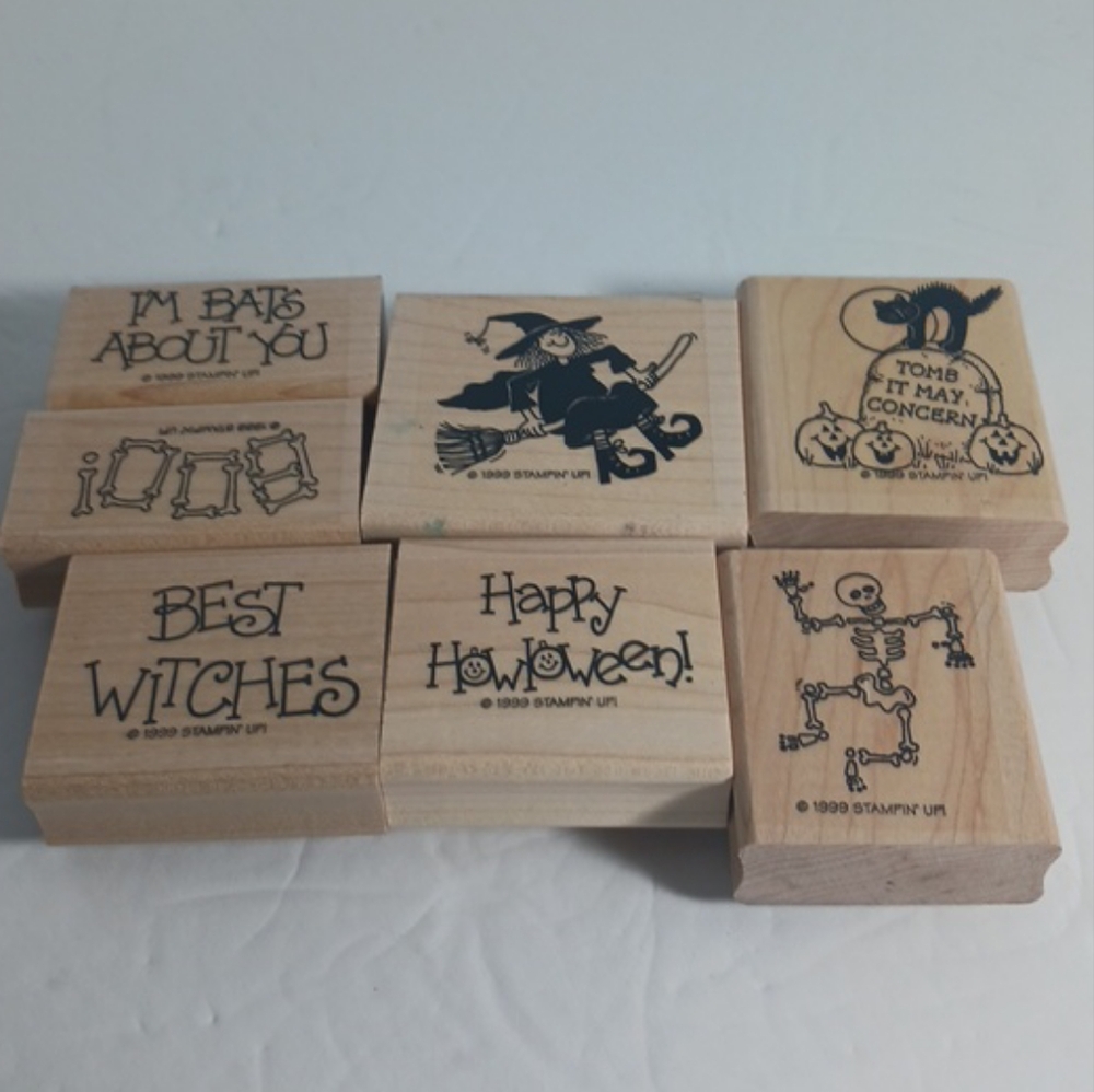 Stampin Up 1999 Halloween Rubber Stamp Set Witch Skeleton Bat Grave Stone
